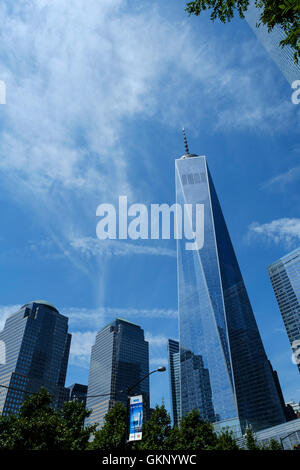 Freedom Tower, One World Trade Center  in New York, Manhattan New York. As viewed from below. In the foreground on the 9/11 memorial. 09/08/2016 Stock Photo