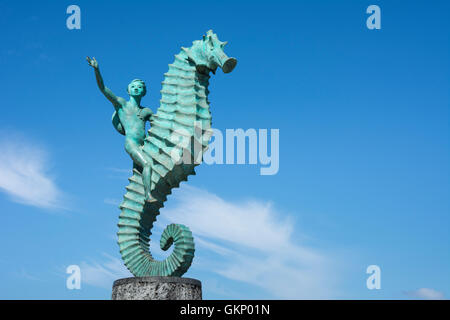 'Boy on the Seahorse' sculpture by Rafael Zamarripa on the Malecon in Puerto Vallarta, Jalisco, Mexico. Stock Photo