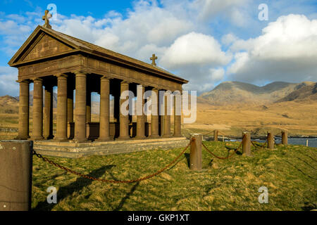 The Bullough Mausoleum with the Rum Cuillin hills behind, Harris Bay, Isle of Rum, Scotland, UK. Stock Photo