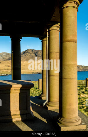 The Bullough Mausoleum with Ruinsival in the Rum Cuillin hills behind, Harris Bay, Isle of Rum, Scotland, UK. Stock Photo