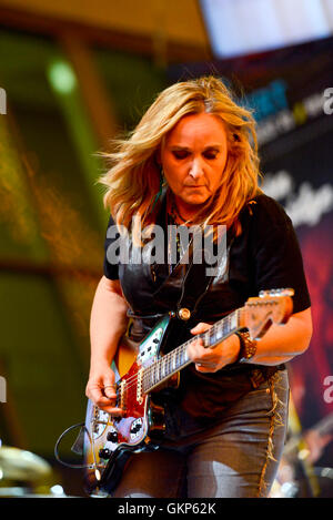 Las Vegas, Nevada, USA. 20th Aug, 2016. Melissa Etheridge plays the 'Fremont Street Experience' a free concert series attended by locals and tourists. A packed Fremont Street crowd rocked out to new and old music by veteran rocker Etheridge. Credit:  Ken Howard/Alamy Live News Stock Photo