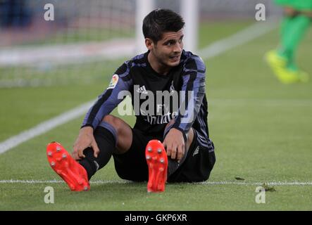 San Sebastian, Spain. 21st Aug, 2016. Alvaro Morata hits the deck. BBVA league match between Real Sociedad and Real Madrid Estadio Anoeta in San Sebastien Credit:  Action Plus Sports/Alamy Live News Stock Photo