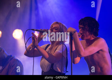 Rebecca Lucy Taylor from Slow Club makes a guest appearance with Lias Kaci Saoudi from The Moonlandingz (a supergroup containing members of Fat White Family, Eccentronic Research Council and Sean Lennon) at the Far Out Tent on the final day of the Green Man Festival 2016 at the Glanusk Estate in Brecon, Wales, UK on August 21 2016. Picture: Rob Watkins/Alamy Live News Stock Photo