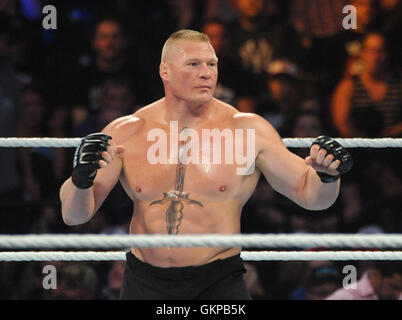 New York, USA. 21st August, 2016. Brock Lesnar battles Randy Orton at  WWE SummerSlam 2016 at the Barclays Center on August 21 , 2016 in Brooklyn, New York.  Photo Credit: John Palmer/ MediaPunch Credit:  MediaPunch Inc/Alamy Live News Stock Photo