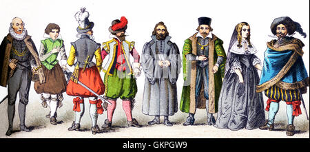 The figures represented here are all Germans in the 1600s. From left to right, they are: four man of rank, a Protestant clergyman, a man of rank, a woman of rank in mourning (1650-1700), and a man of rank. The illustration dates to 1882. Stock Photo