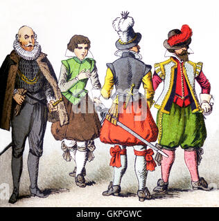 The figures represented here are all Germans in the 1600s. From left to right, they are: four man of rank. The illustration dates to 1882. Stock Photo