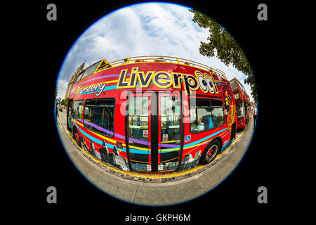 Sight seeing open top bus at the city centre decorated with images of local attractions.  Fish eye perspective. Stock Photo