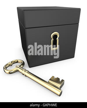 3D Render of Closed Black Box with Golden Key. Stock Photo