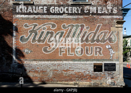 Vintage King Midas Flour sign painted on the side of the historic Biederstaedt - Breitenbach Grocery Store in Madison, Wisconsin Stock Photo