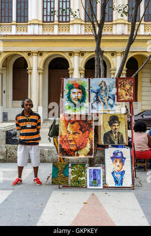 Paintings for sale on the Paseo de Marti (Prado) in Old Havana (La Habana Vieja), Cuba Stock Photo