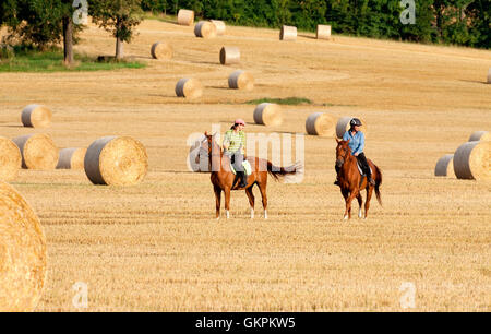 Two Women Horseback Riding in a Field with Bales of Hay
