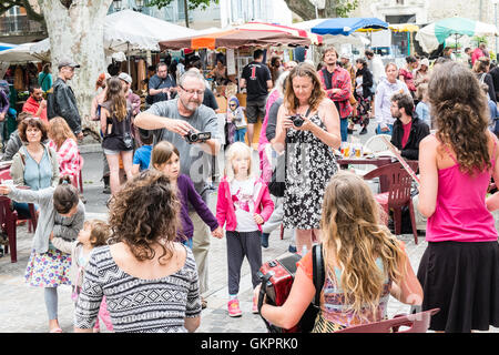 At Esperaza Sunday Market,Aude,South France. A popular alternative,hippie,hippy gathering with fresh local food and ethnic goods Stock Photo