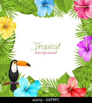 Tropical Background with Toucan Bird, Colorful Hibiscus Flowers Stock Vector