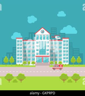 City Hospital Building with Ambulance in Flat Style. Cityscape Stock Vector