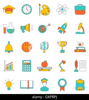 Set Flat Line Colorful Icons of School Equipment Stock Vector