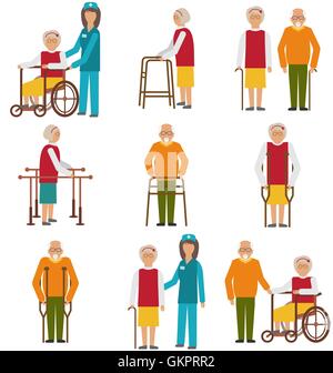 Set of Older People Disabled. Elderly People in Different Situations with Caregivers Stock Vector