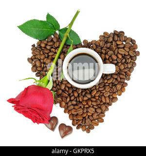 coffee beans, cup and rose isolated on white background Stock Photo