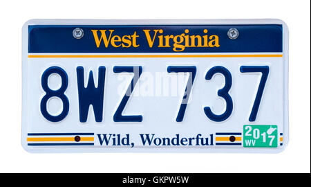 West Virginia license plate; vehicle registration number. West Virginia WV 'Wild Wonderful' number plate. Stock Photo