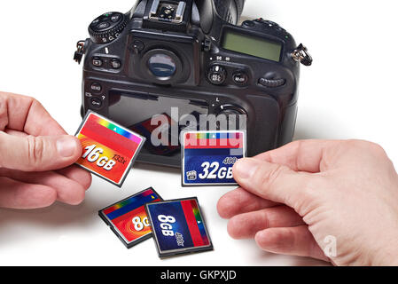 Flash cards CF and DSLR camera close-up Stock Photo