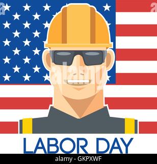 Labor Day design, with a worker with safety helmet and glasses over the flag of united states of america. Digital vector image Stock Vector