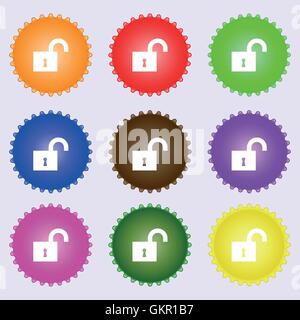 open lock icon sign. A set of nine different colored labels. Vector Stock Vector