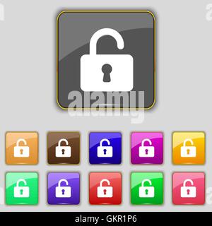 Open Padlock icon sign. Set with eleven colored buttons for your site. Vector Stock Vector