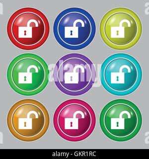 open lock icon sign. symbol on nine round colourful buttons. Vector Stock Vector