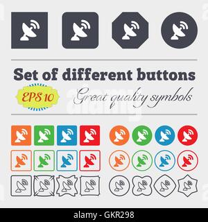 satellite antenna icon sign. Big set of colorful, diverse, high-quality buttons. Vector Stock Vector