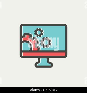 Computer and gear thin line icon Stock Vector