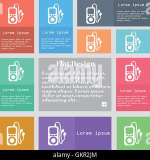MP3 player, headphones, music icon sign. Set of multicolored buttons with space for text. Vector Stock Vector