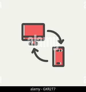 Data transferring from laptop to smartphone thin line icon Stock Vector