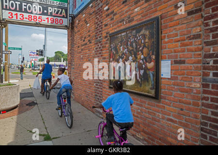 Detroit, Michigan - Reproduction of The Wedding Dance, a 1566 painting by Pieter Bruegel the Elder on the wall of a pizza store. Stock Photo