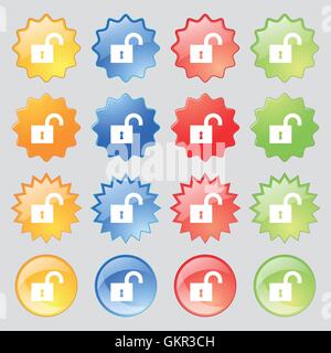 open lock icon sign. Set from fourteen multi-colored glass buttons with place for text. Vector Stock Vector