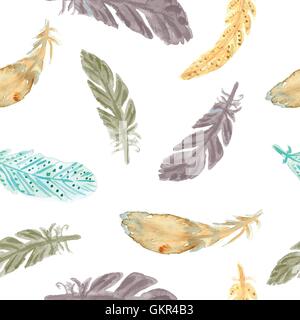 Watercolor feathers seamless pattern. Hand painted texture. Stock Vector