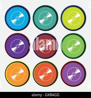Cd, DVD, compact disk, blue ray icon sign. Nine multi colored round buttons. Vector Stock Vector