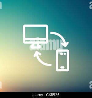Data transferring from laptop to smartphone thin line icon Stock Vector