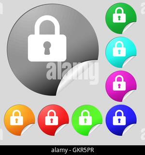 Pad Lock icon sign. Set of eight multi-colored round buttons, stickers. Vector Stock Vector