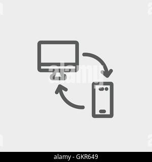 Data transferring from laptop to smartphone thin line icon Stock Vector