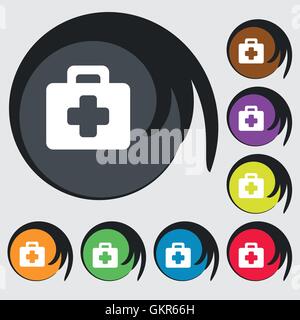 first aid kit icon sign. Symbol on eight colored buttons. Vector Stock Vector