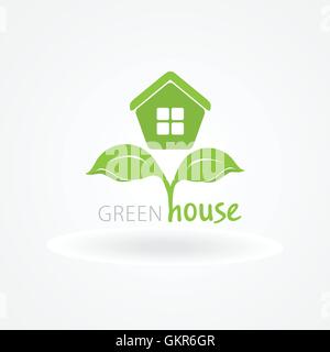 Eco house with green leaves. House logo. Ecological house icon Stock Vector