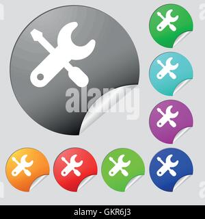 screwdriver, key, settings icon sign. Set of eight multi colored round buttons, stickers. Vector Stock Vector