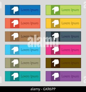 pointing hand icon sign. Set of twelve rectangular, colorful, beautiful, high-quality buttons for the site. Vector Stock Vector