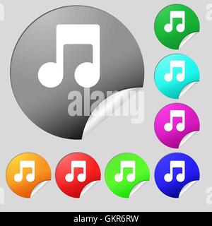 Music note icon sign. Set of eight multi-colored round buttons, stickers. Vector Stock Vector
