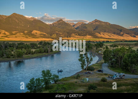 Fishing and camping on the Yellowstone River at Mallards Rest Fishing Access in Paradise Valley, Montana. Stock Photo