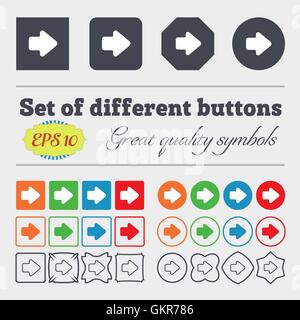 Arrow right, Next icon sign. Big set of colorful, diverse, high-quality buttons. Vector Stock Vector