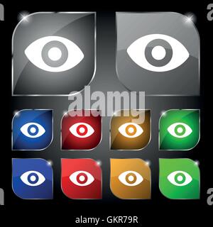 sixth sense, the eye icon sign. Set of ten colorful buttons with glare. Vector Stock Vector