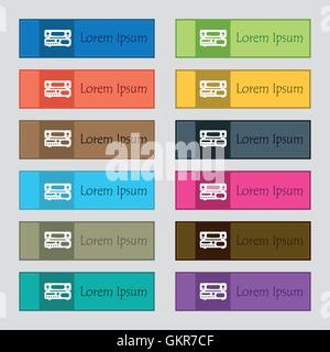 radio, receiver, amplifier icon sign. Set of twelve rectangular, colorful, beautiful, high-quality buttons for the site. Vector Stock Vector