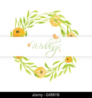 Wedding card with peach peonies wreath and cute bird. Watercolor painted vector card Stock Vector