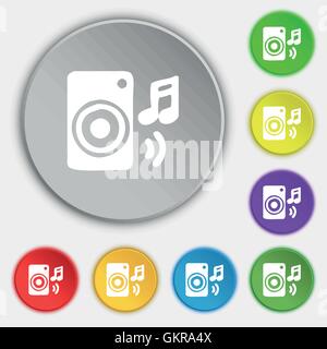 music column, disco, music, melody, speaker icon sign. Symbol on five flat buttons. Vector Stock Vector