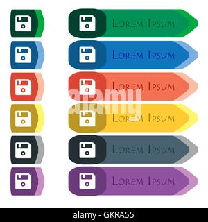 floppy icon sign. Set of colorful, bright long buttons with additional small modules. Flat design Stock Vector